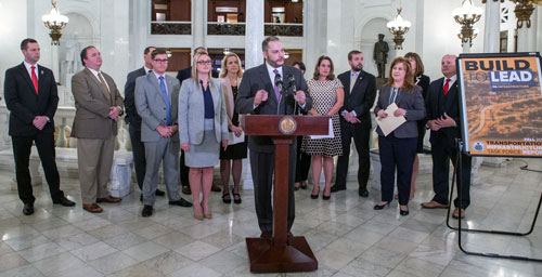 Rep. Jonathan Fritz (R-Susquehanna/Wayne) shares details of his new legislation aimed at improving how construction projects are designed and completed during a House Transportation Task Force press conference.